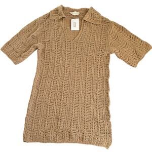 Simple Threads Tan Crochet Knit Polo Mini Dress Womens Small/Medium Vacation NWT